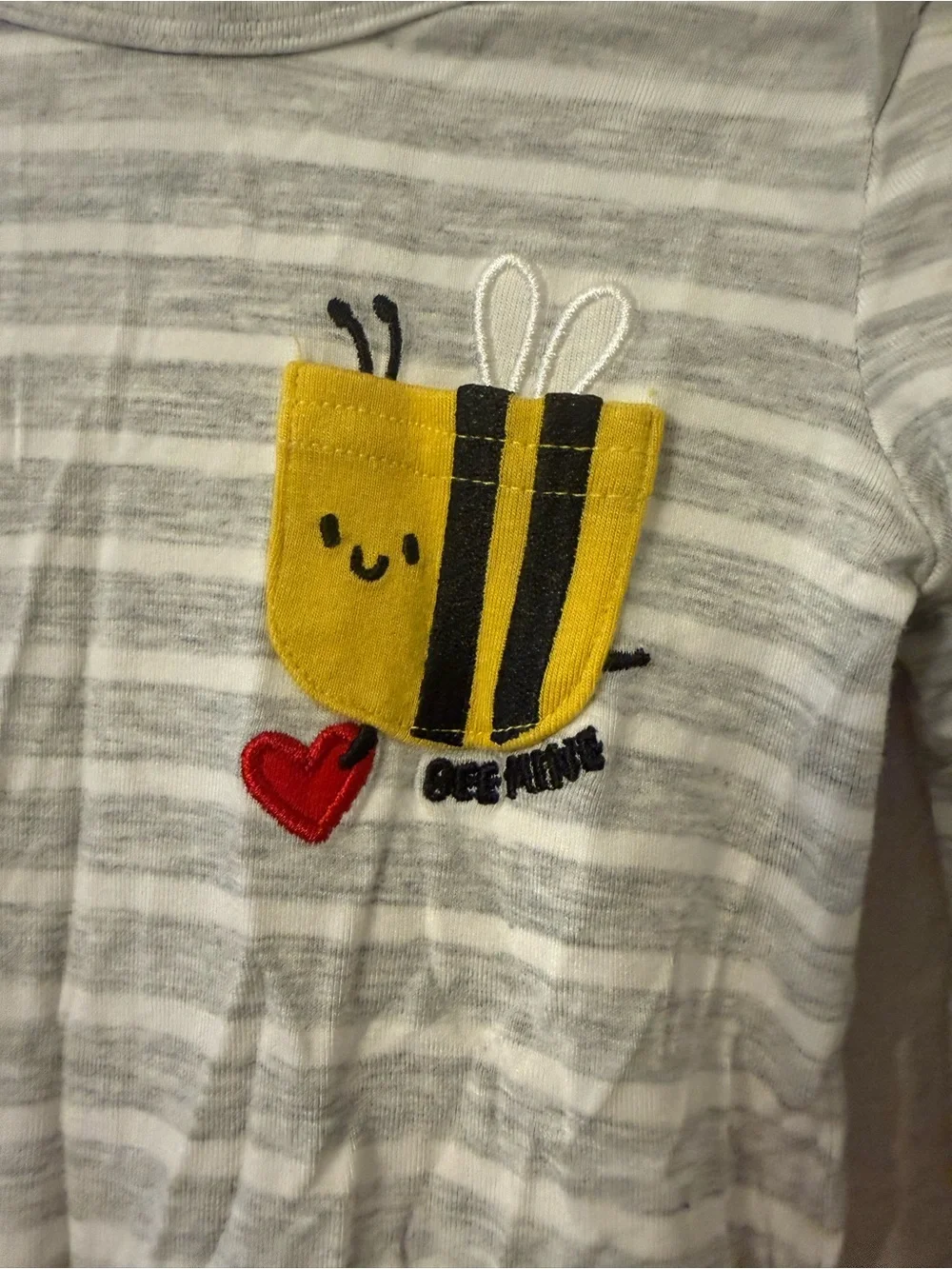 Little Sleepies Gray & White Striped One-Piece with Yellow Bee Patch
